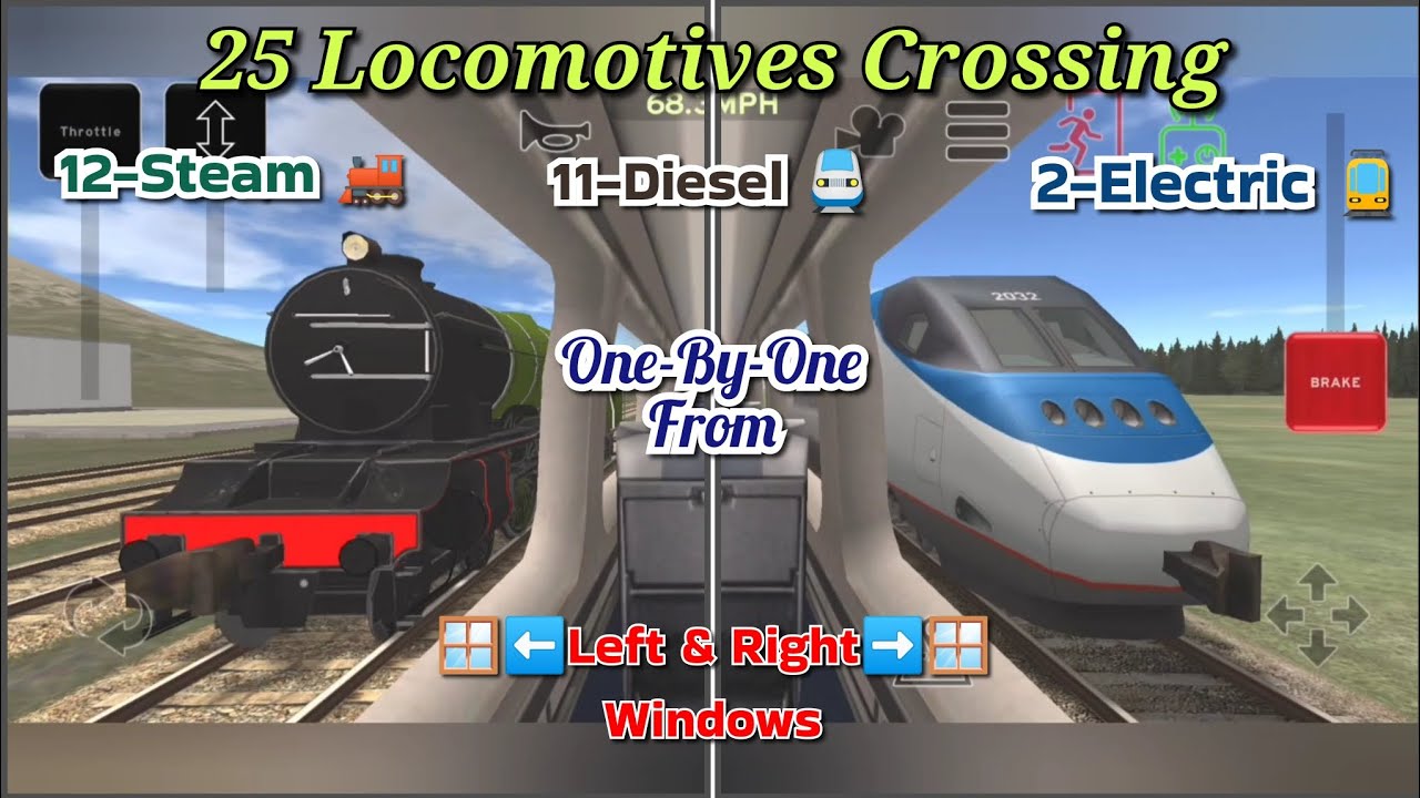 25 Locomotives Crossing One By One From Left & Right Windows of Passenger Coach.