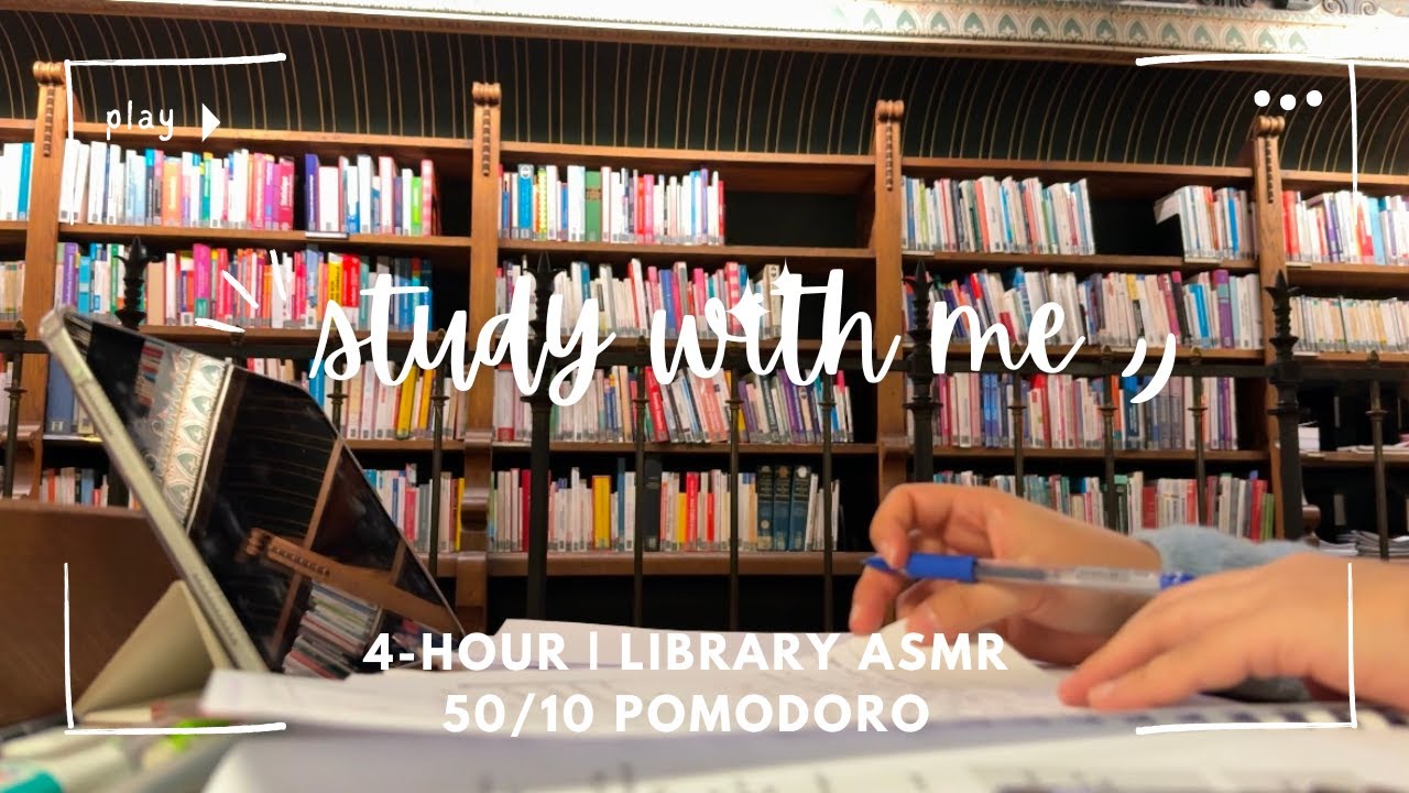 4 HOURS study with me in a public library| 50/10 pomodoro| Library ASMR, background noise, real time