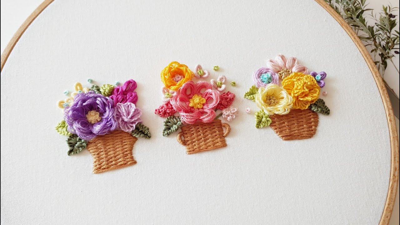 [프랑스자수] 작은 꽃바구니 자수(첫번째). Flower basket embroidery. Part 1