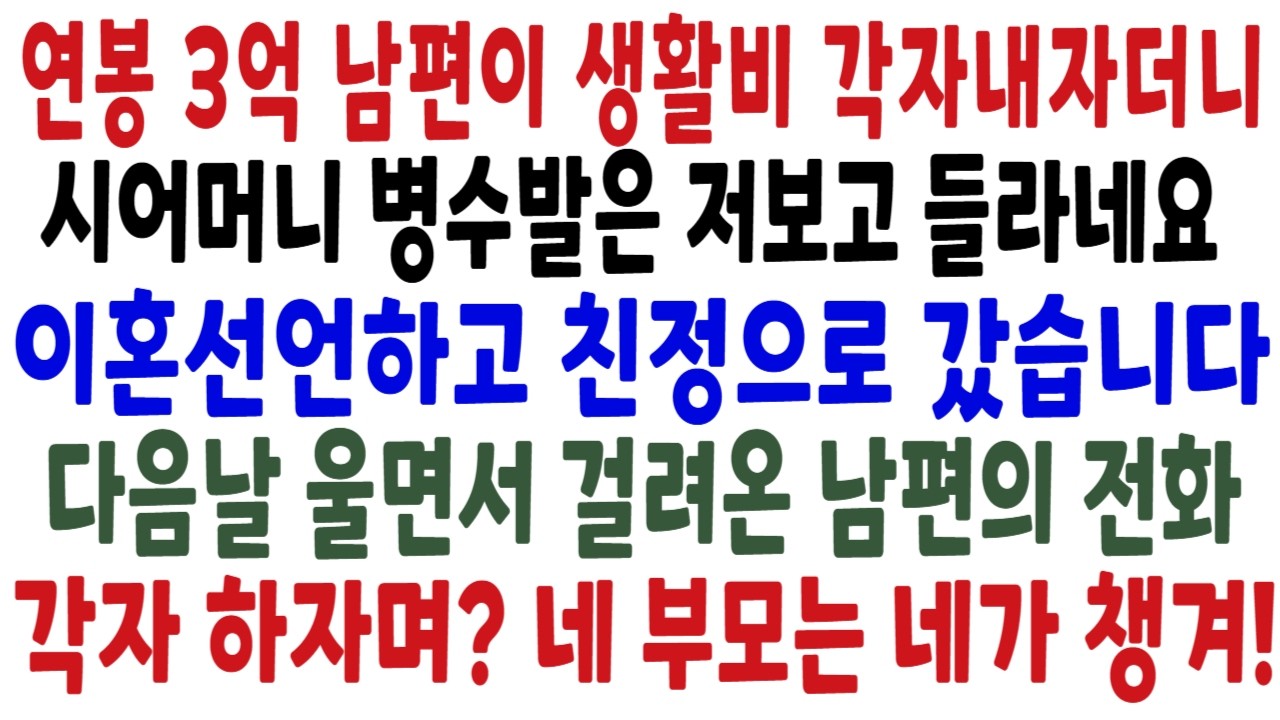 연봉 3억 버는 남편이 월급 300만원인 나에게 생활비 각자해결하자길래 오케이했습니다. 그런데 시어머니 병수발은 나보고 들라길래 이혼선언했습니다
