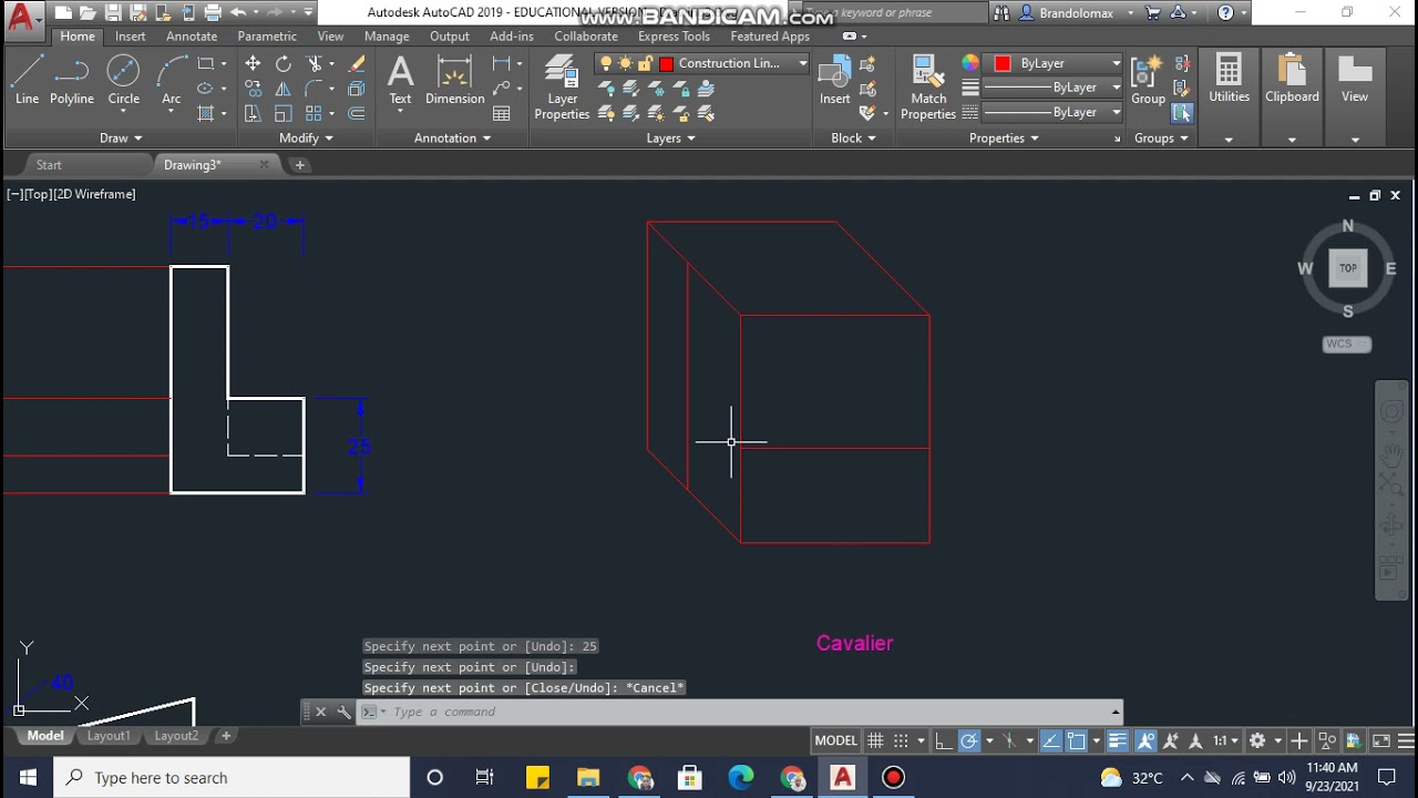 Oblique Drawing -Cavalier AutoCAD