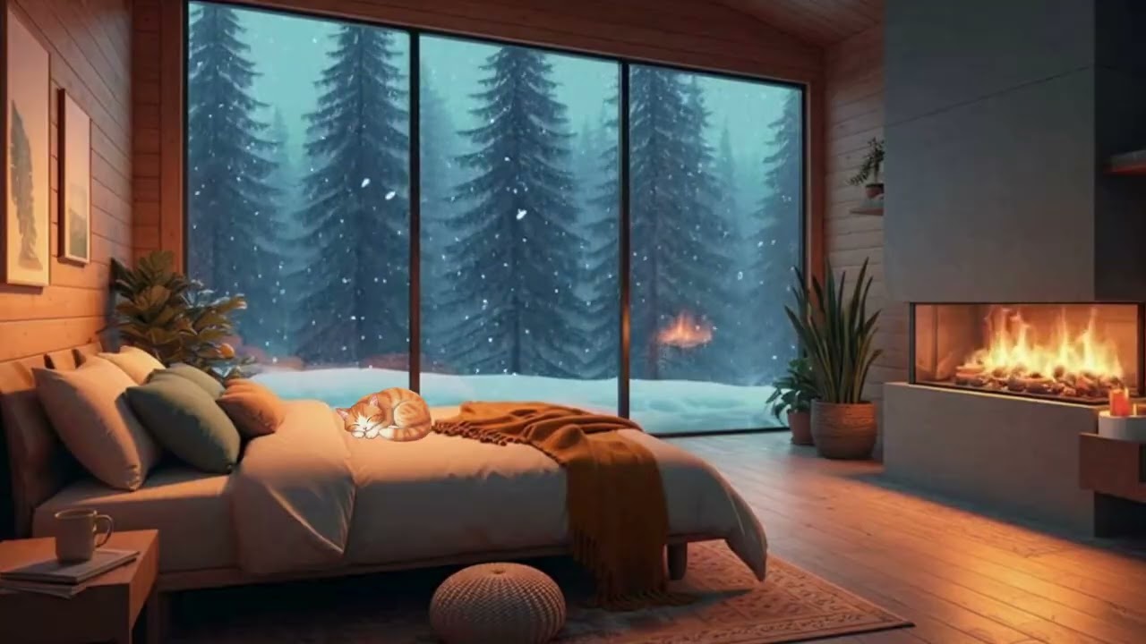 Serene Cabin in the Snow | Fireplace Warmth & Piano Music for Relaxation