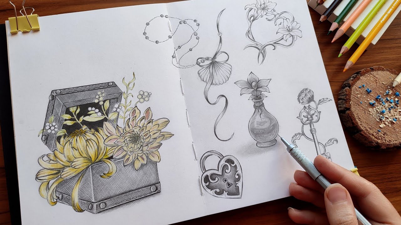 ✨ Minimal Pencil Art with Flowers and Objects _ Quiet Art Therapy 🤍🗝️