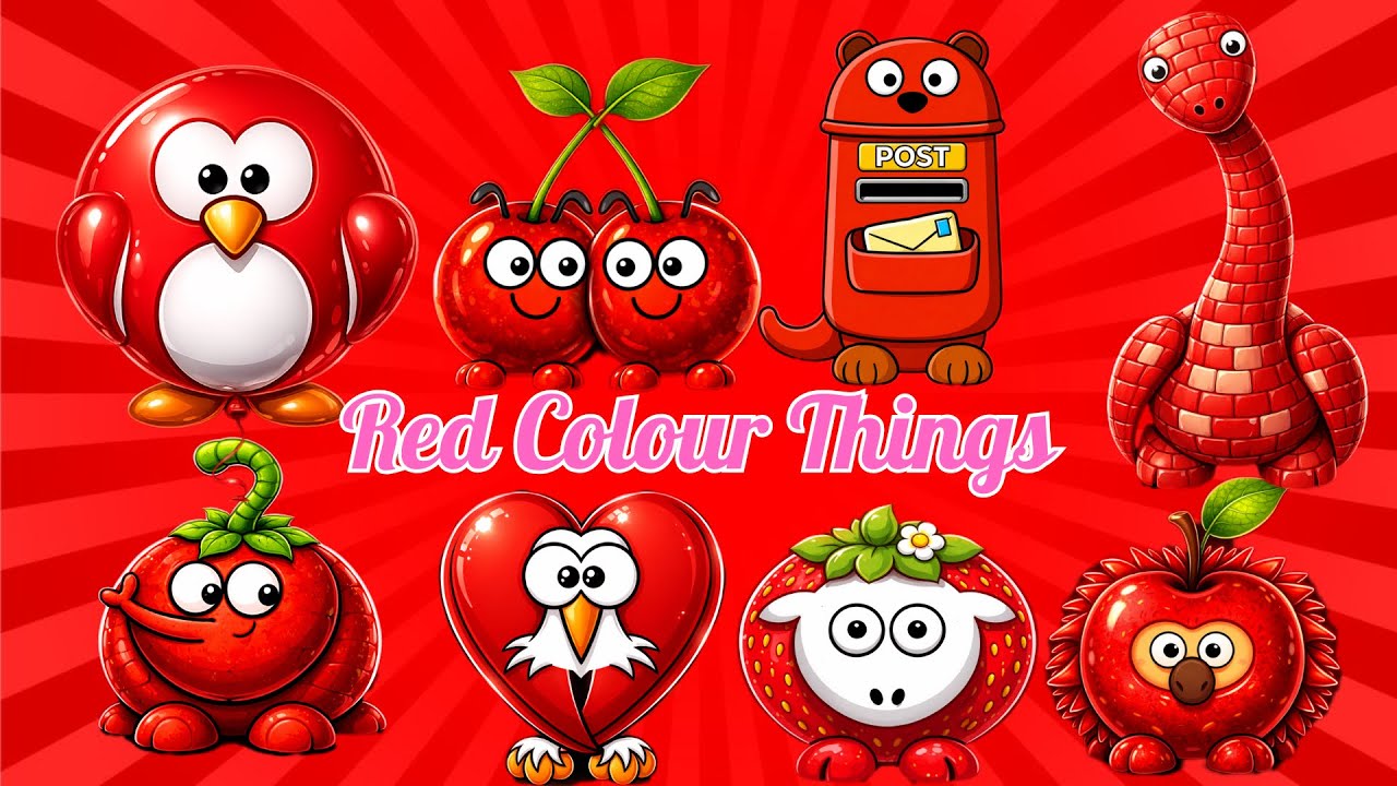 Red color thing: Brick, apple, tomato, balloons, heart - Colors