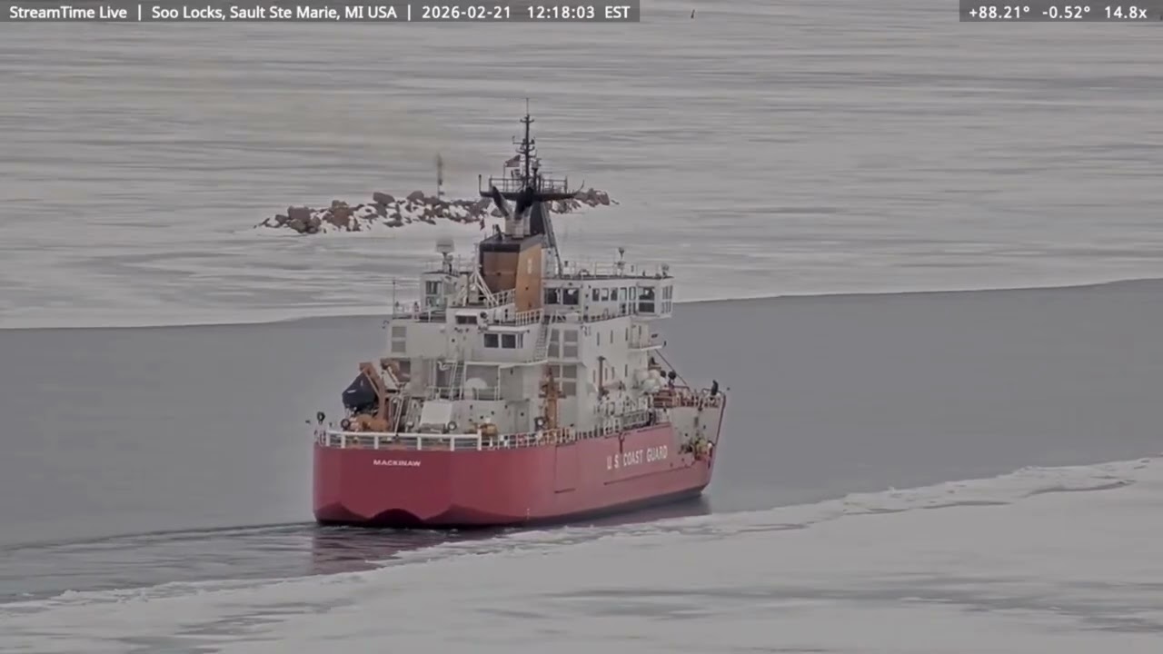 USCGC Mackinaw leaving the Soo, Breaking Ice on Feb 21st, 2026