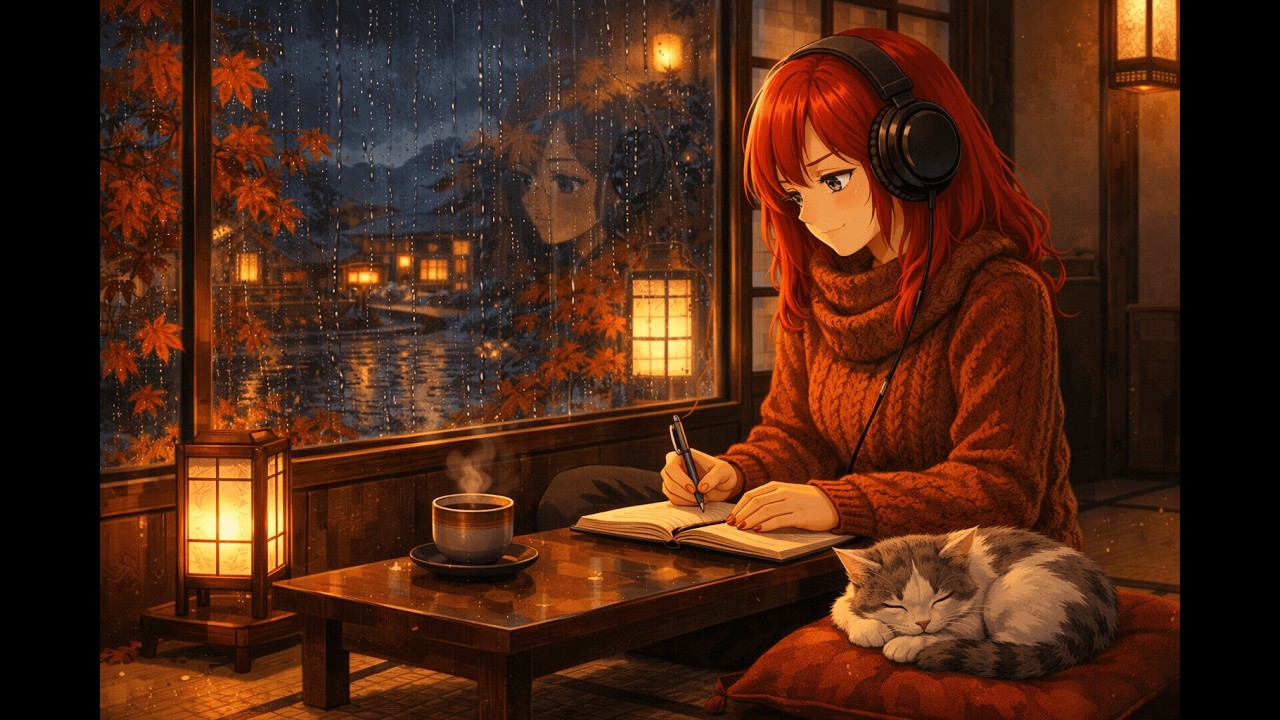 Cozy Rainy Night in Kyoto 🍵🌧️ Lofi Study Ambience | Japanese Tea House with Cat