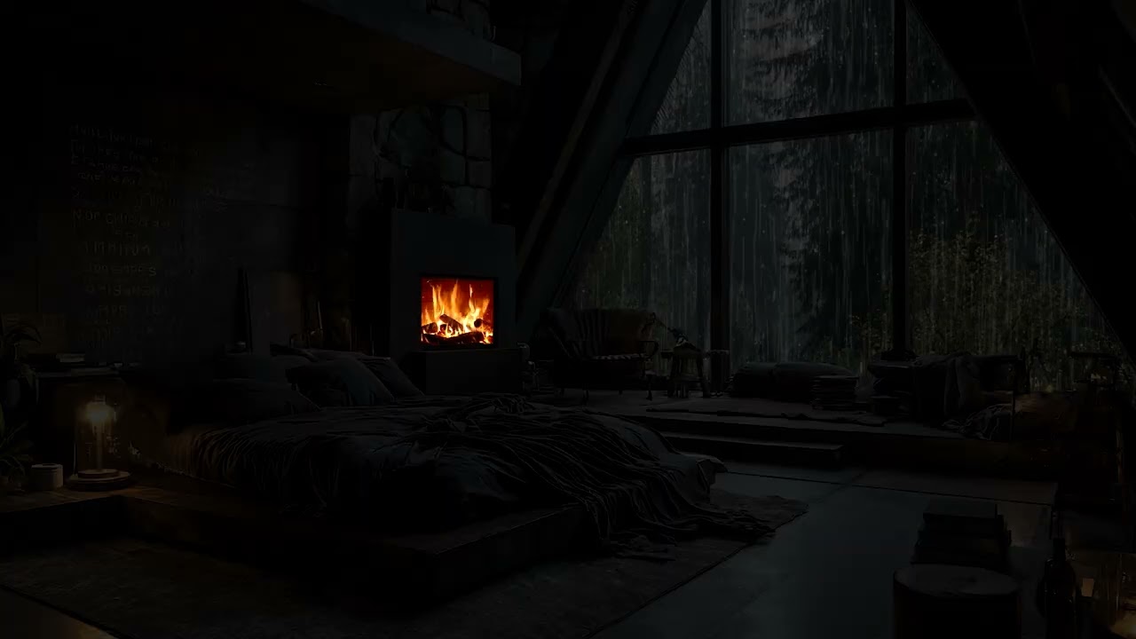 Heavy Forest Rainstorm Through the Night | Warm Fireplace Cabin Comfort Natural Rain Sounds