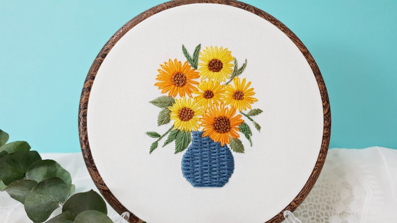 [프랑스자수]   꽃병과 해바라기 자수 / sun flower embroidery