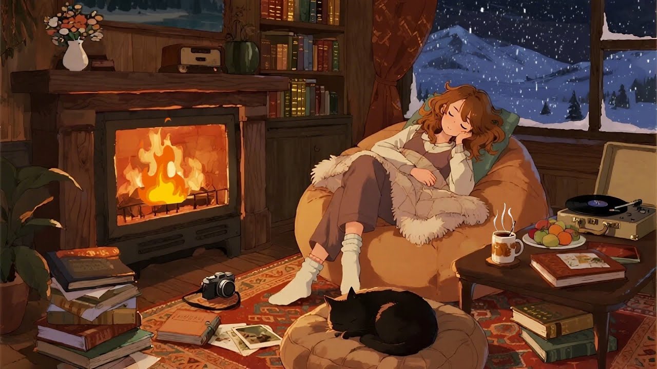 Snow Falling Outside the Window ❄️ Cozy Rain & Fireplace Sounds 🔥 | Sleep, Relax, Stress Relief