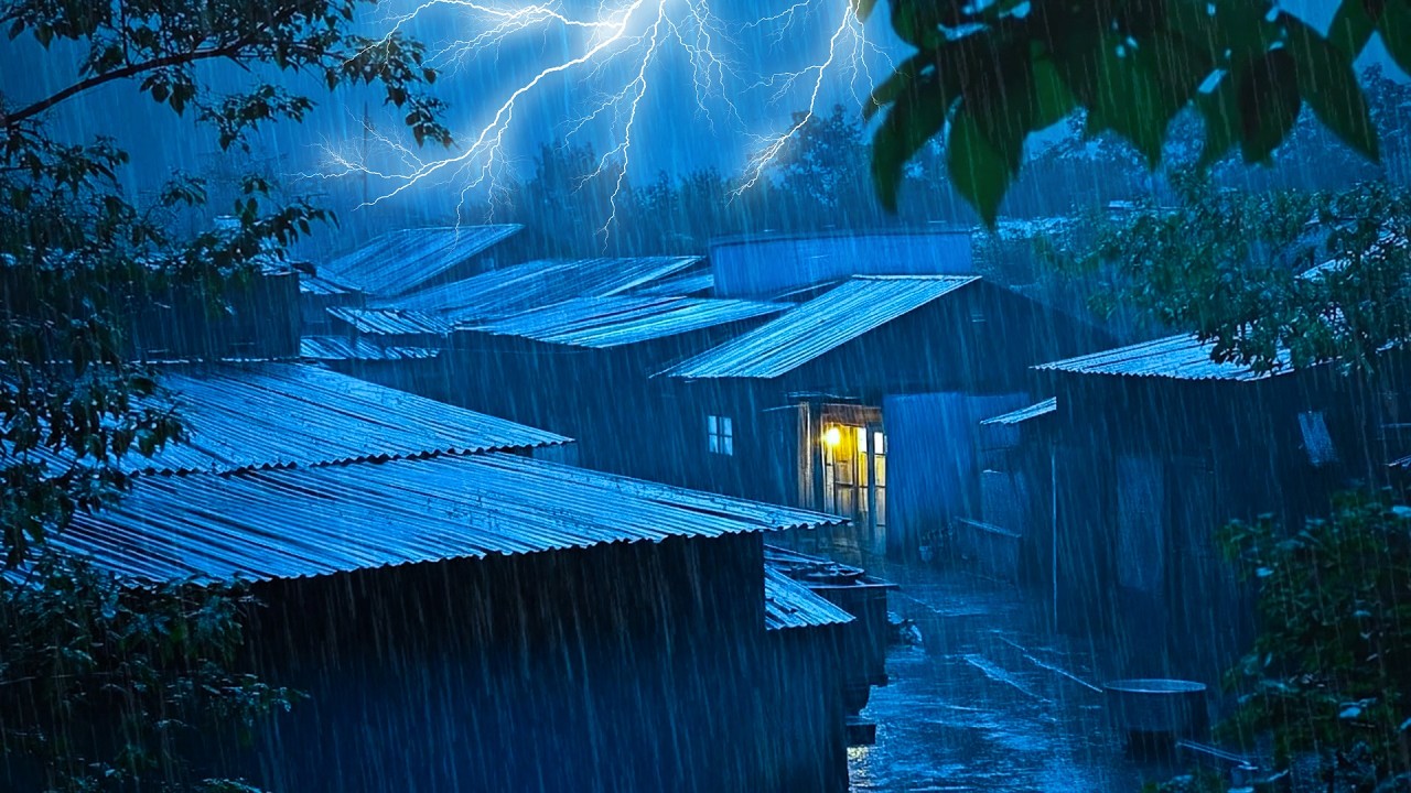 Fall Asleep in 10 Minutes with Pouring Rain & Violent Thunder on Tin Roof in the Village at Night