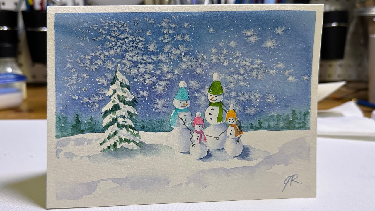 Watercolour Snow Family Christmas Card