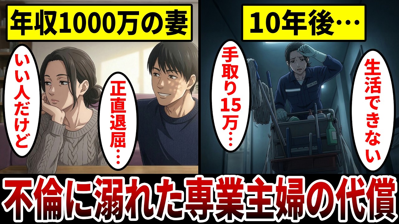 【漫画】専業主婦に憧れた妻の悲惨な末路「不倫発覚で手取り15万円の生活」愛に溺れた女の悲しい現実。