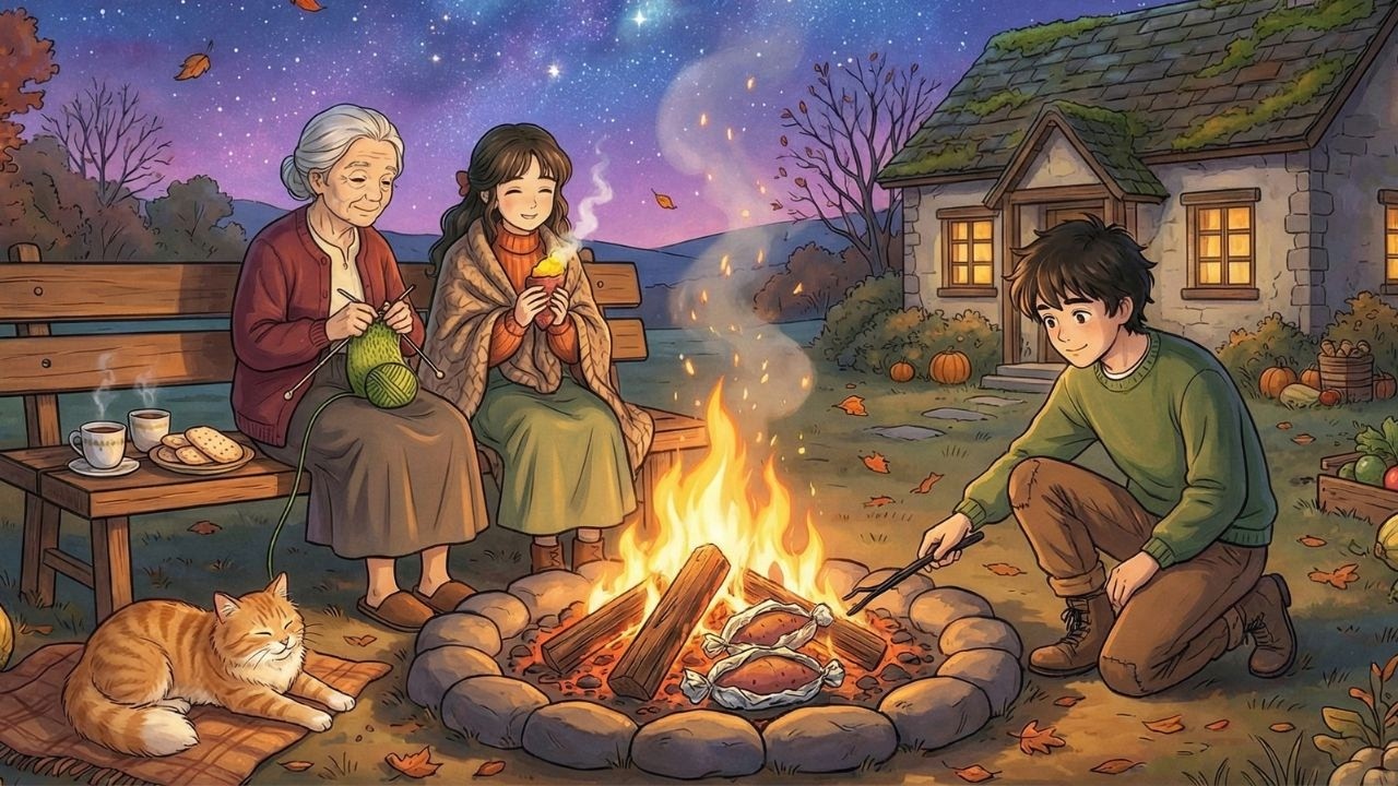Cozy Campfire Night 🔥 Sweet Potato Roasting | Relaxing Ghibli-Style ASMR