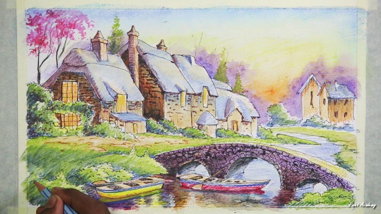 Ink & Watercolor Pencil Painting Epi-4 | Painting A House Landscape