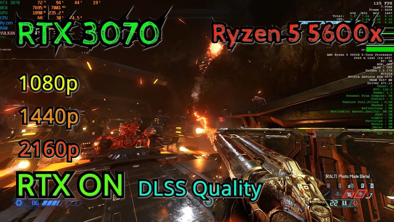 Doom Eternal - Ryzen 5 5600x, RTX 3070 | Ray Tracing ON | DLSS | 1080p | 1440p | 2160p