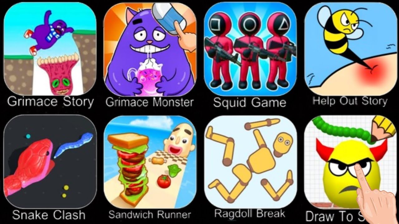 Grimace Story-Grimace Monster-Squid Game-Snake Clash-Sandwich Runner-Ragdoll Break-Help Out Story