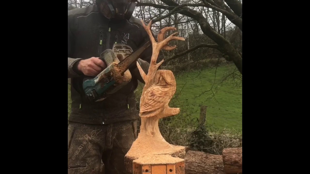 CHAINSAW CARVING AN OWL AND A MOON - TIME LAPSE WOOD CARVING by Matthew Crabb