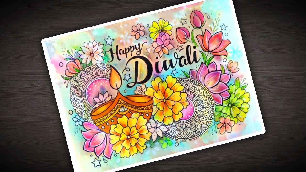 Diwali Drawing/Diwali Diya Drawing/DiwaliArt/Diya and Flowers Mandala Art with Watercolor Background