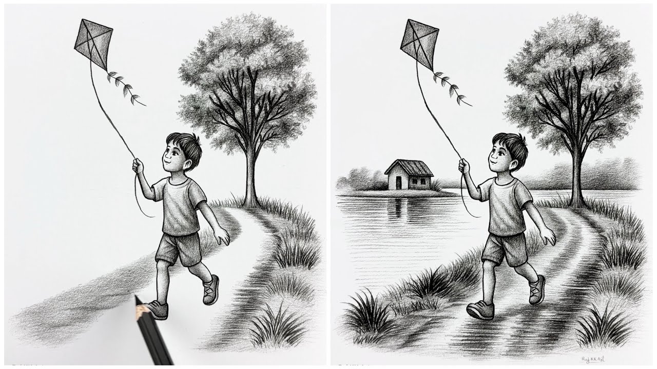 HOW TO DRAW a peaceful childhood moment of a boy flying a kite