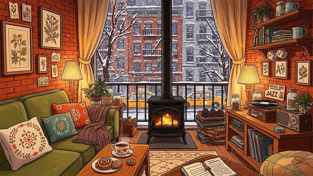 warm winter in a snowy 1950s morning New York city with vintage jazz oldies playing in another room