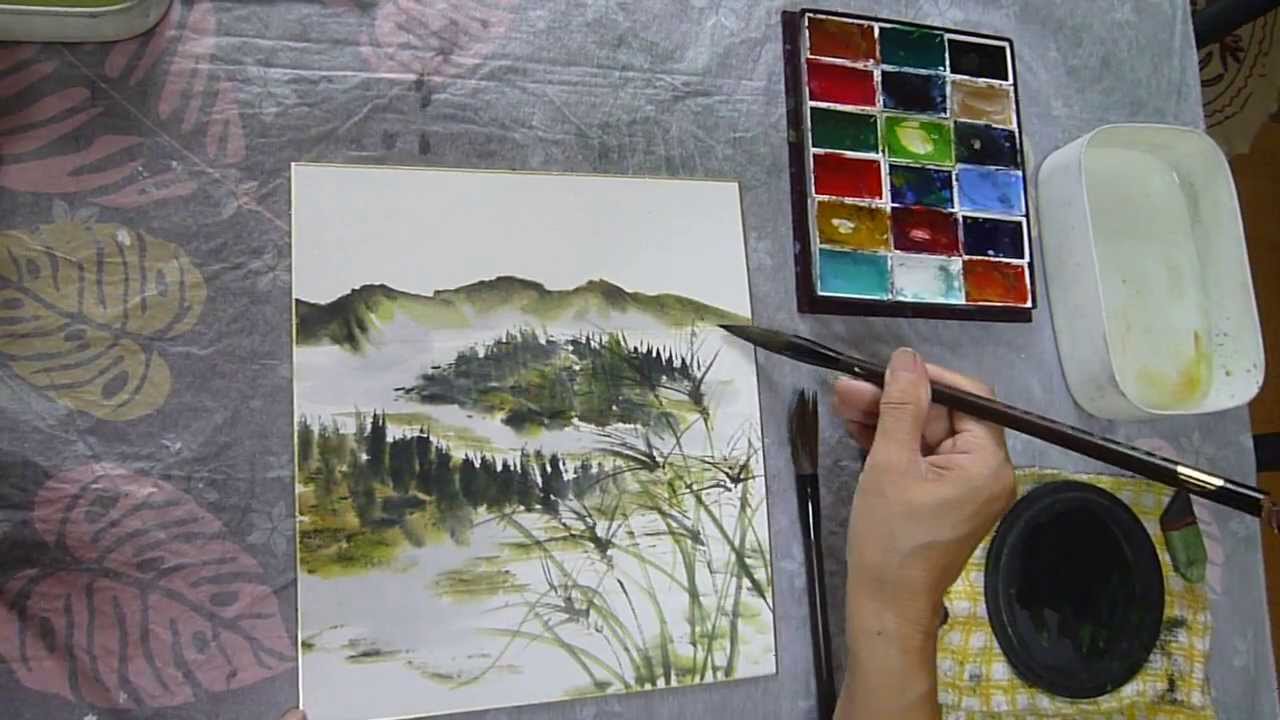 水墨画（sumi-e）雲海と山々の描き方動画
