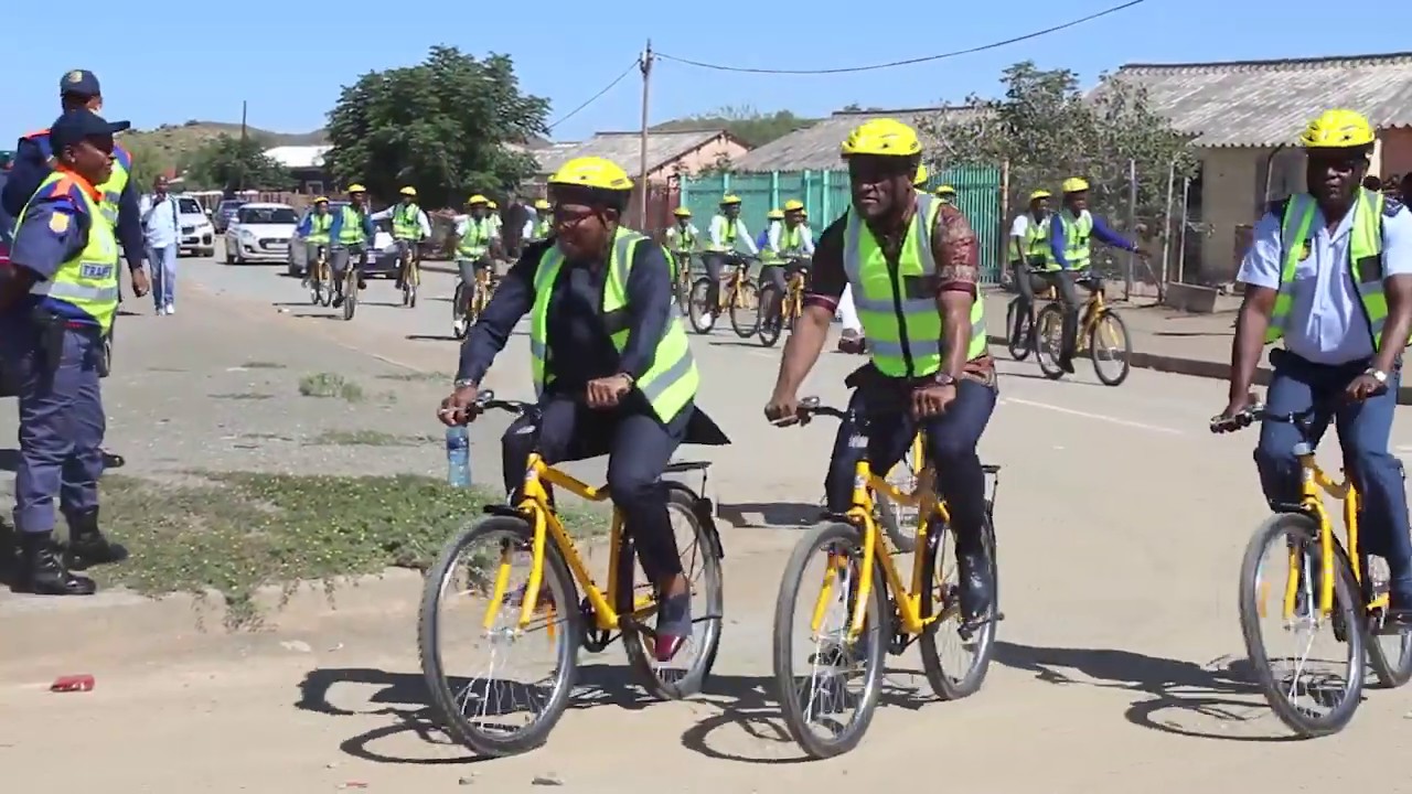 Minister of Transport, Mr Fikile Mbalula handing over bicycles and uniforms at Veritas High, De Aar