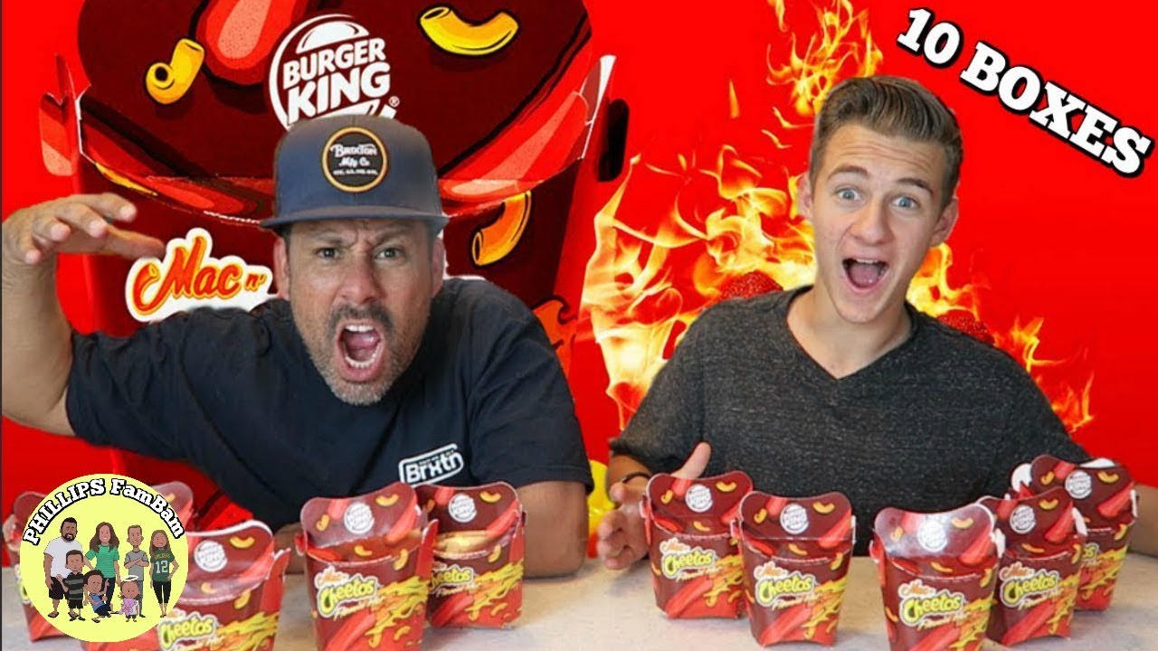 BURGER KING FLAMIN' HOT MAC N' CHEETOS CHALLENGE | TASTE TEST MUKBANG | PHILLIPS FamBam Challenges