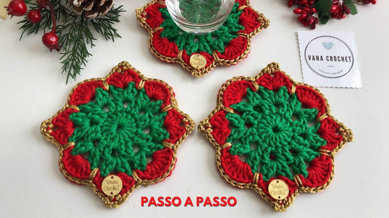 Porta copos Natalino | Jogo americano de crochê Natalino | Passo a passo | Crochet Tutorial