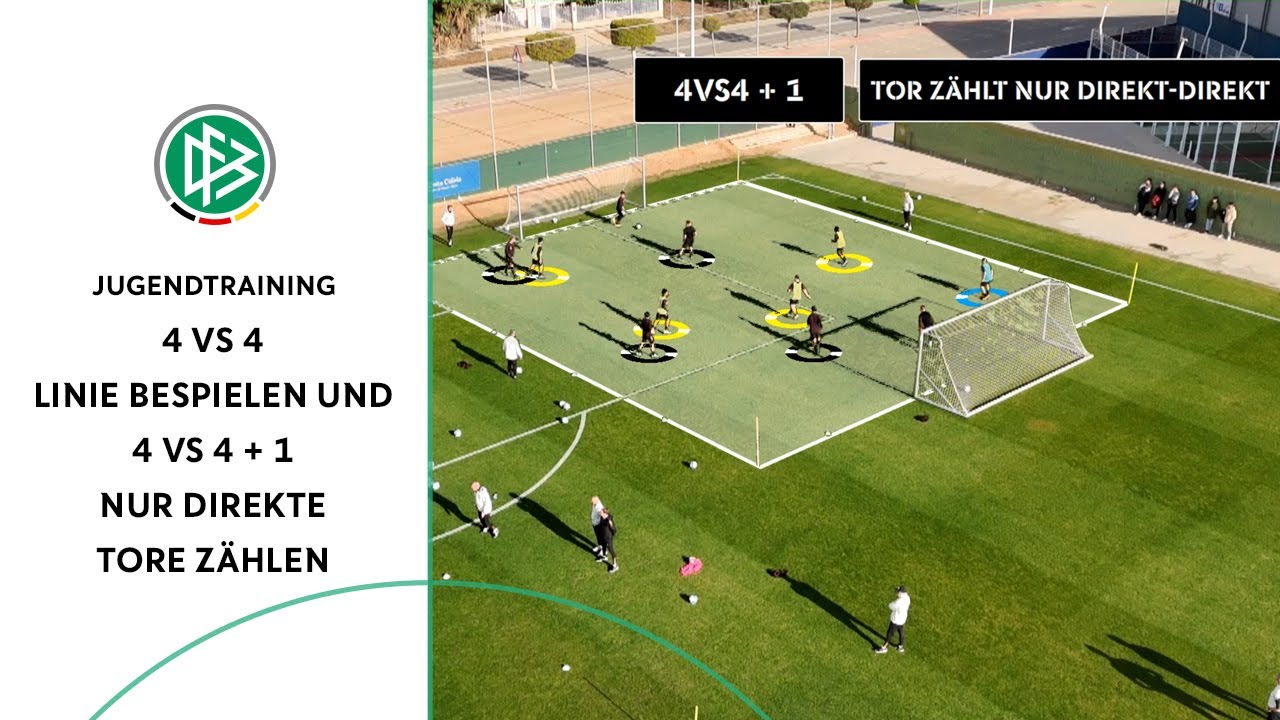 Mehrere Felder: 4 vs 4 Linie bespielen und 4 vs 4 + 1 nur direkte Tore zählen