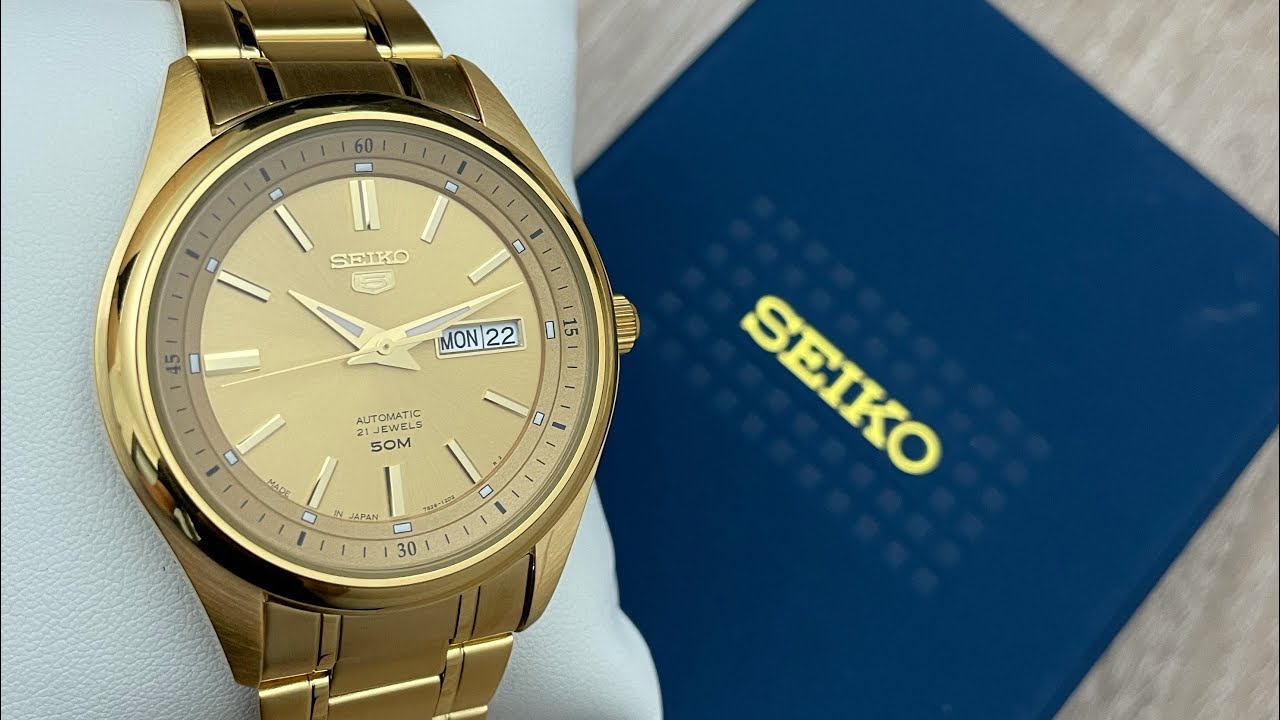 Seiko 5 Automatic Gold Dial Gold Bracelet Men&rsquo;s Watch SNKN96J1 (Unboxing) @UnboxWatches