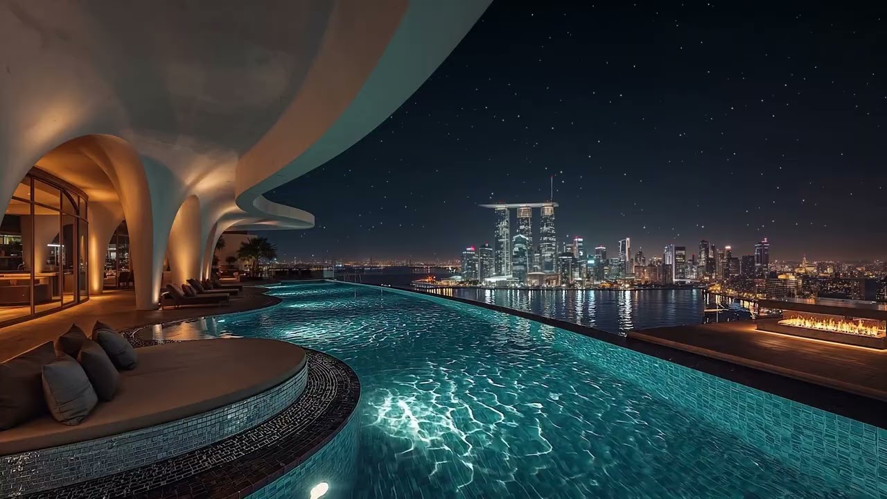 Luxury Poolside Rooftop Night in Singapore | Relaxing Smooth Jazz x Deep Chill Mix 