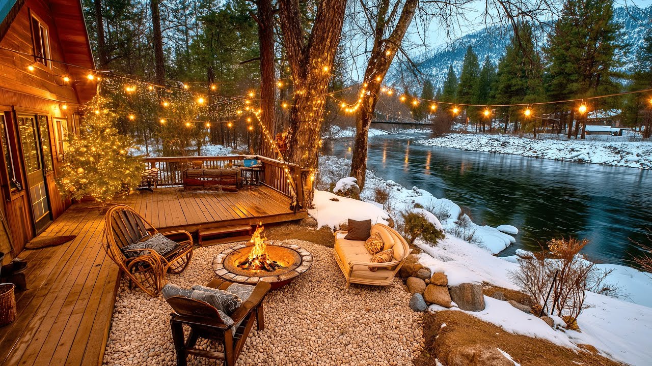 Riverside Christmas Porch in Snowfall | Gentle Firepit & Calm Nature Sounds