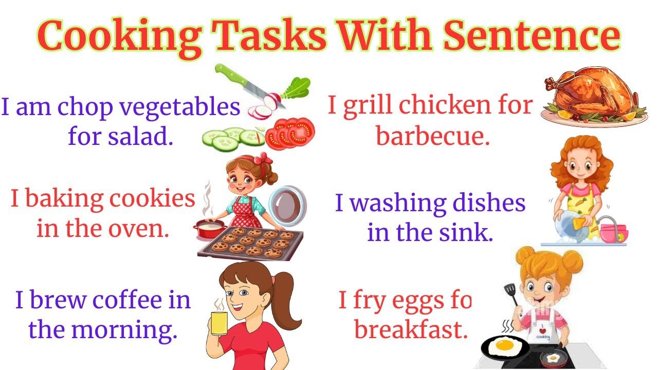 Cooking Task with sentences | Action Words For Beginner | English Sentences | Kitchen Vocabulary