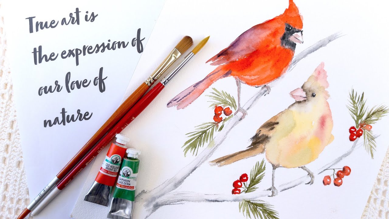 How to Paint a Pair of Red Cardinal Birds in Watercolor - Easy Step by Step Christmas Card Tutorial
