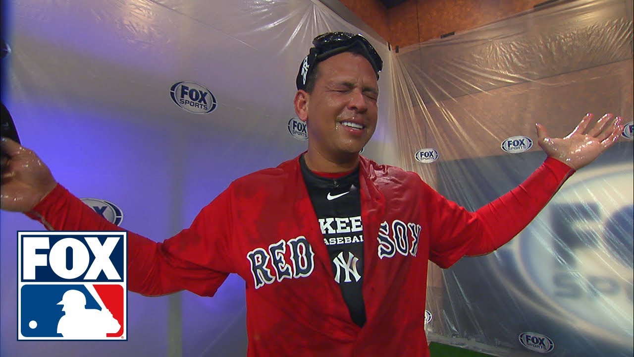 David Ortiz gives Alex Rodriguez a champagne shower while wearing a Red Sox jersey | FOX MLB