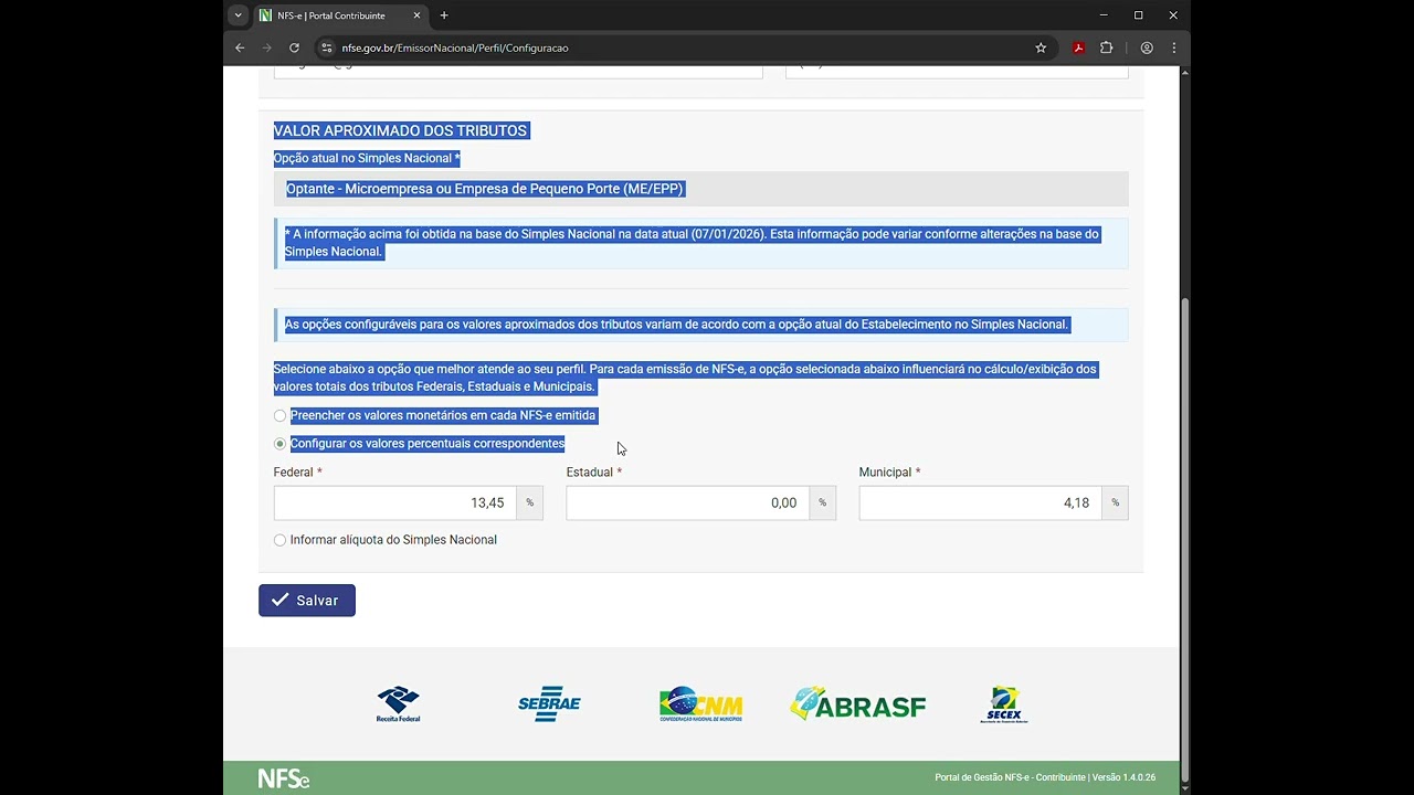 EMISSOR NACIONAL - CONFIGURA&Ccedil;&Otilde;ES E TOTALIZAR O FATURAMENTO