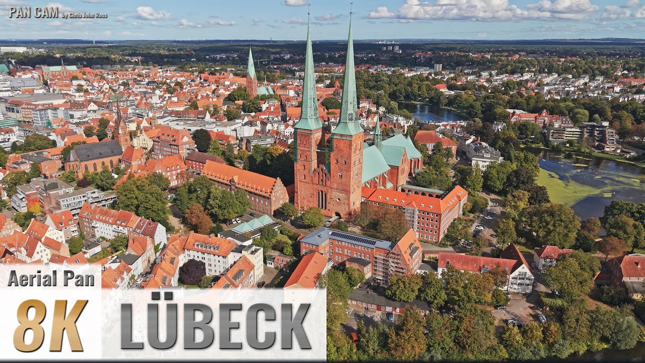 Lübeck, Germany: Altstadt - Obertrave, Wallstraße, Dom zu Lübeck - Luftpanorama - 4K/8K - 0545