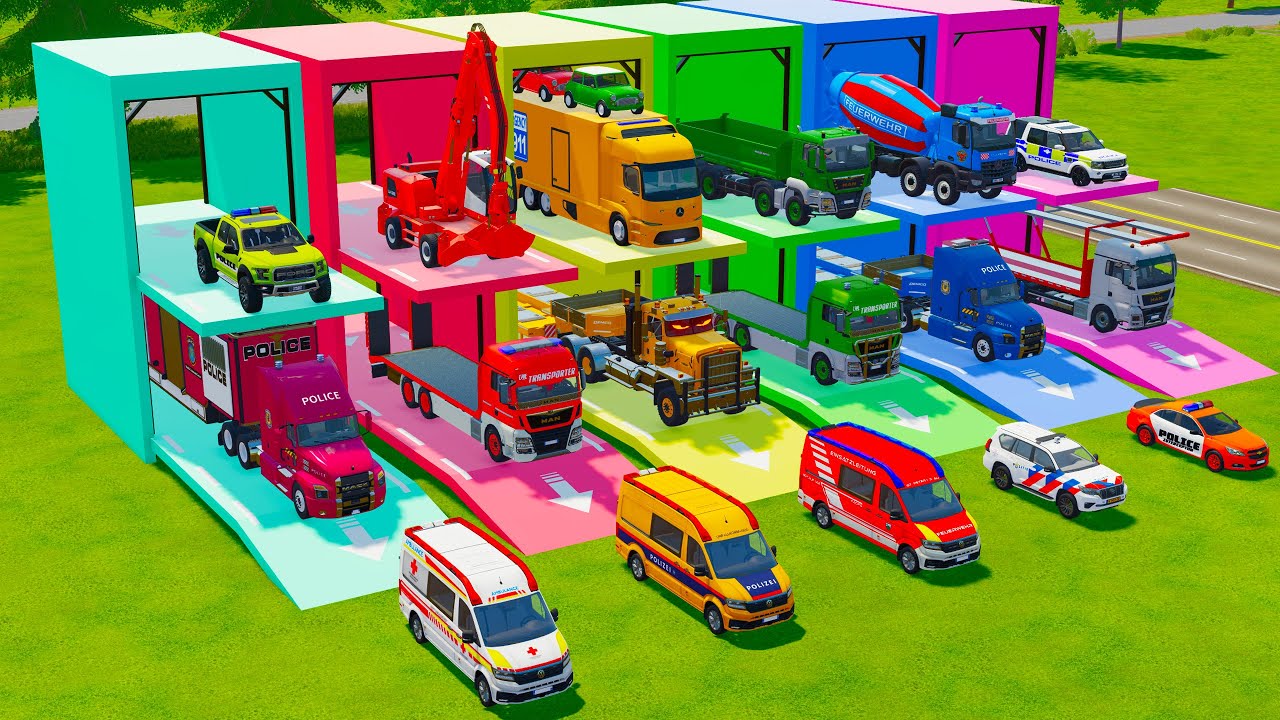 ALL EMERGENCY AND POLICE VEHICLES, EXCAVATOR, DUMP TRUCK TRANSPORT TO GARAGE - FS22