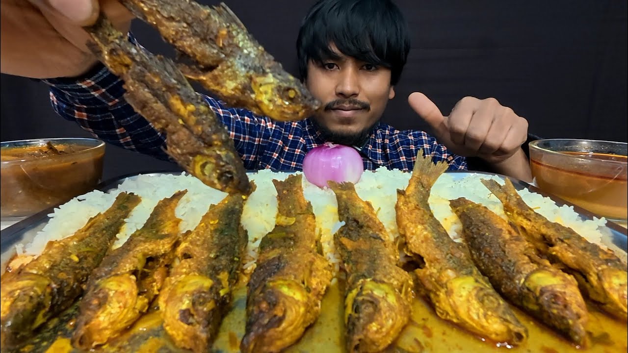 SPICY FISH FRIED FISH CURRY WITH RICE EATING BIG BITE MUKBANG, EXTRA GRAVY, ONION