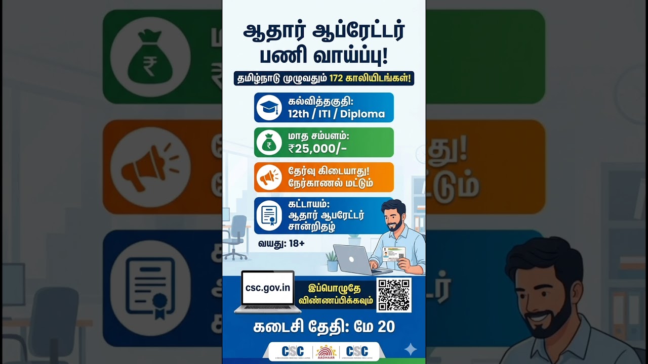 ஆதார் ஆப்ரேட்டர் வேலை 2026 🔥 337 காலியிடங்கள் | 12th / ITI / Diploma Jobs Tamil | Interview மட்டும்