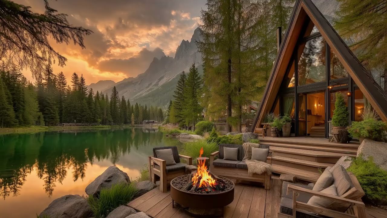 Morning Lakeside Ambience With Nature Sounds| Calm Fire, Still Water & Soft Birds