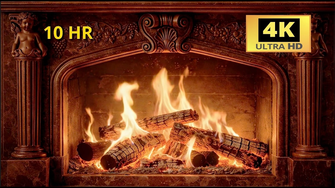 Romantic Cozy Fireplace 10 Hours of Burning Wood Fire 4K Ultra HD
