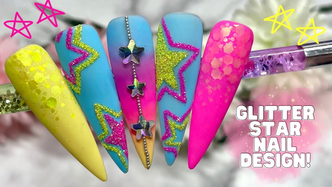 HAND PAINTED GLITTER STAR NAIL ART DESIGN| THREE COLOUR NAIL OMBRE| MADAM GLAM
