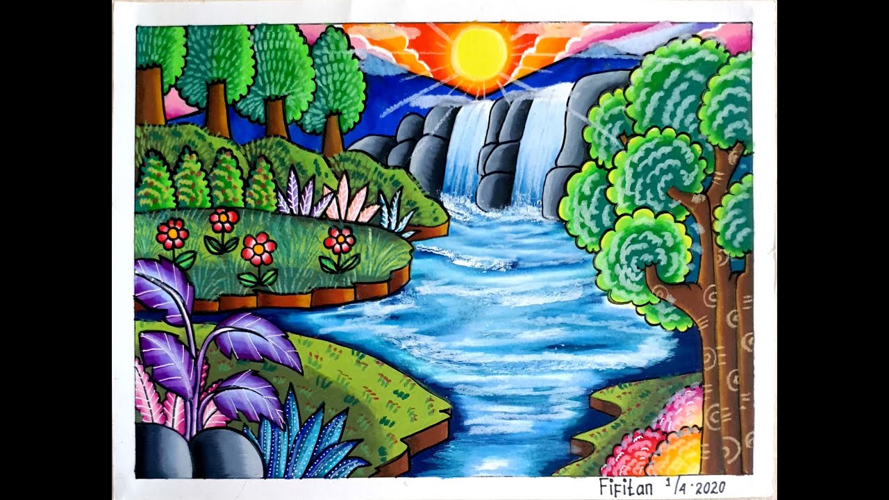 CARA MUDAH MENGGAMBAR PEMANDANGAN AIR TERJUN -CARA GRADASI WARNA EP 202