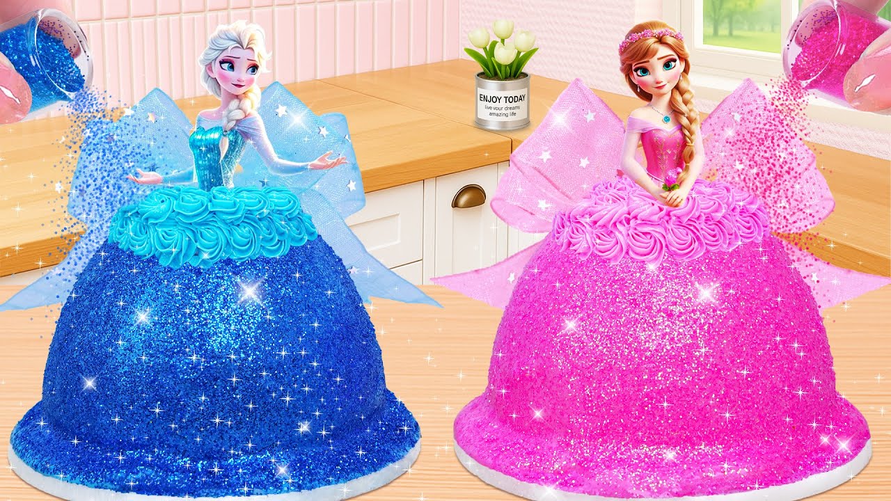 Elsa Blue Glitter Cake vs Anna Pink Princess Cake 👑✨ | Sparkle Princess Cake| Cute Mini Bakes
