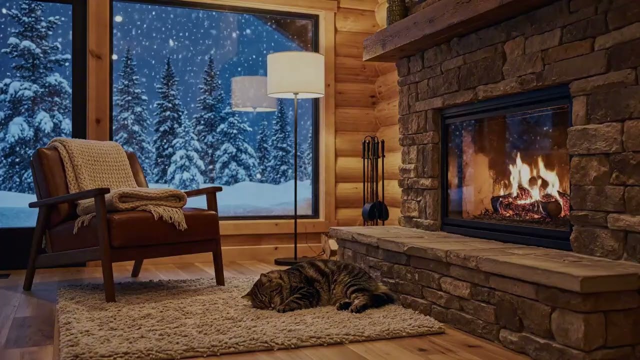 Warm Fireplace Night with a Sleeping Cat 🐾🔥 Calm Winter Ambience for Deep Sleep
