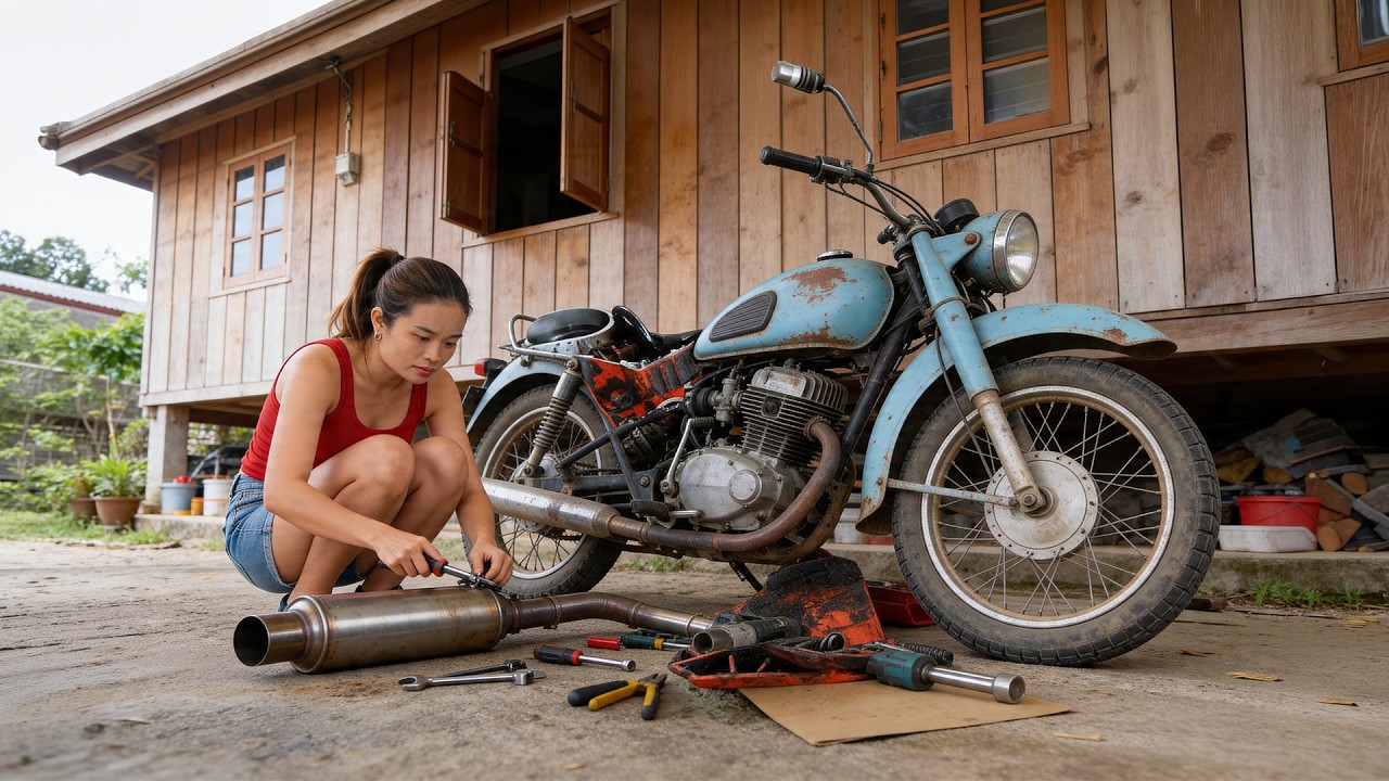 Genius Girl naprawia i odnawia motocykle elektryczne | Naprawa uszkodzonego układu wydechowego