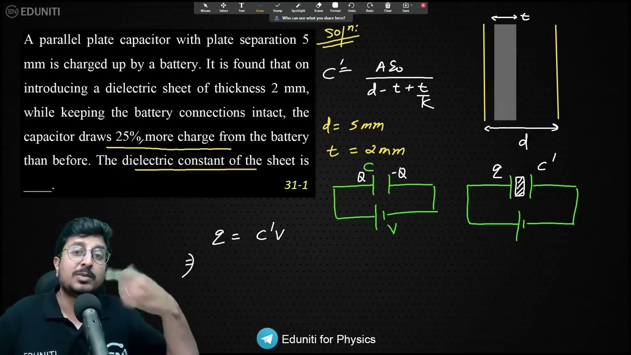 A parallel plate capacitor with plate separation 5 mm is charged up by a battery. It is found that o