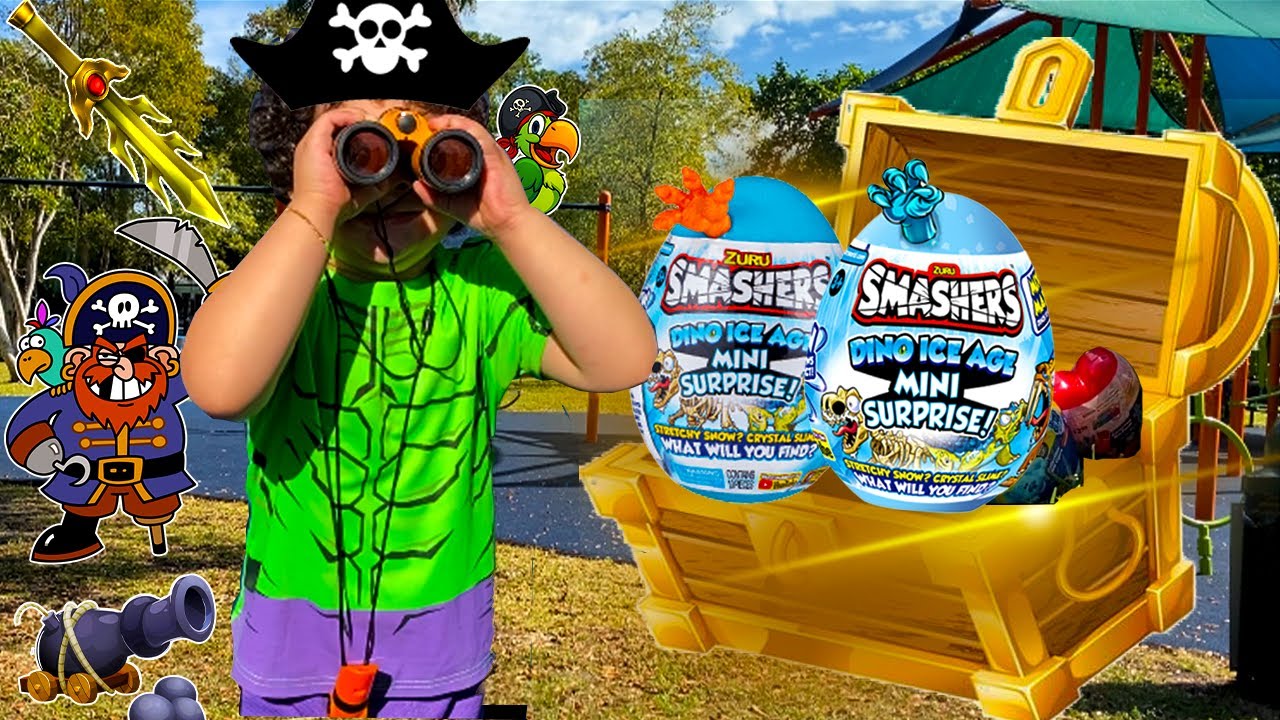 Pirate Pretend Play Scavenger hunt in the playground | Unboxing Zuru SMASHERS ICE AGE Mini Surprises