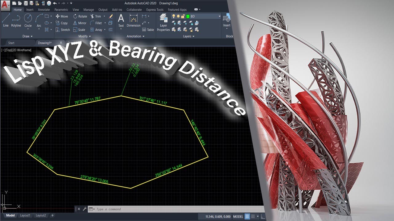 AutoCAD XYZ и расстояние между осями Lisp